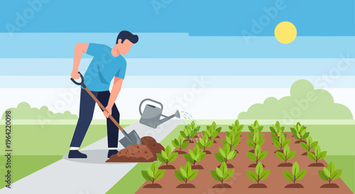 Man Digging Soil Preparing Garden for Planting Seedlings.