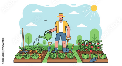 Man Watering Plants in a Lush Garden.