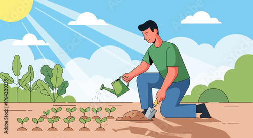 Man watering young plants in a garden with a watering can.