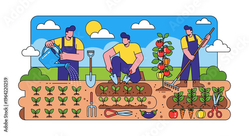 Three gardeners tending to a vibrant vegetable garden plot.