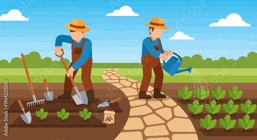 Two farmers working in a garden planting and watering crops.