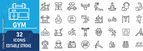 Gym and Fitness Line Icons Set .Contain to related icons  Workout, Exercise, Bodybuilding, Cardio, Treadmill, Dumbbell, Yoga and Training Editable Stroke Vector Collection