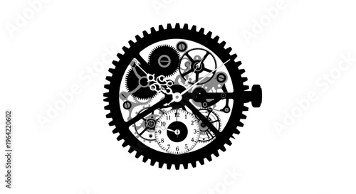 Gear, mechanical, clockwork, cogwheel, black and white, vector illustration, industrial, machinery, engineering