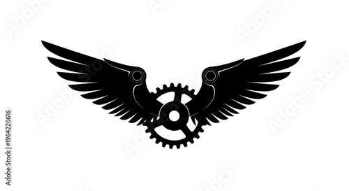 Black gear wings, mechanical bird, industrial symbol, steampunk icon