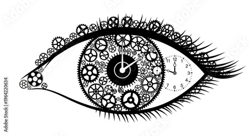 Intricate eye illustration, clockwork mechanism design, black and white vector, gear patterned iris