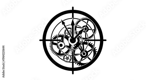 Gear clockwork mechanism, crosshair target, industrial design element, black vector icon