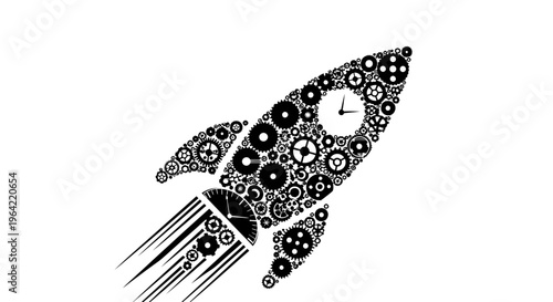 Rocket ship, gear mechanism, clockwork design, black and white vector illustration