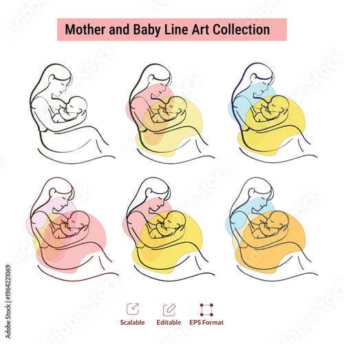 Tender Mother and Baby Line Art Vector Set with abstract shapes