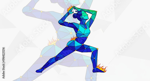 Fitness woman stretching arms up dynamic athletic pose vibrant blue and green hues energetic and motivational background
