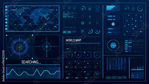 Futuristic interface displaying a world map data streams and search functions