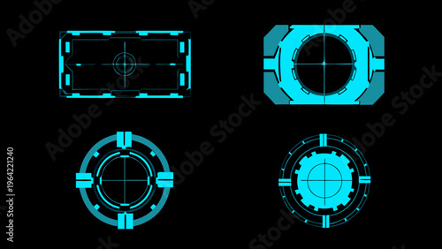 Futuristic blue technical diagrams displaying symmetrical geometric shapes