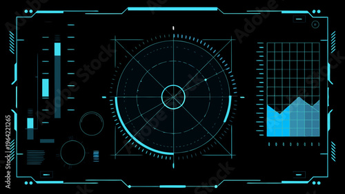 Futuristic heads up display with targeting reticle and data visualizations