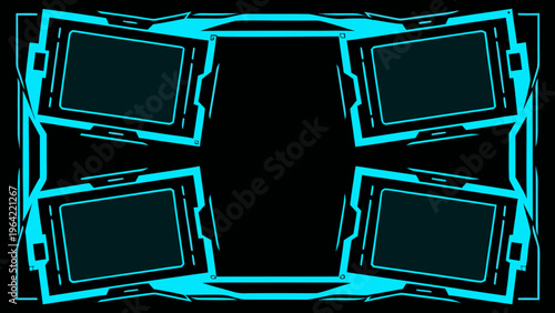 Abstract geometric design featuring four teal screens in a dark frame