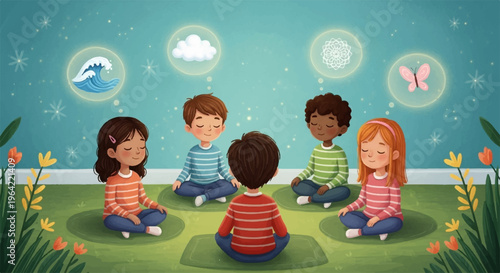 Diverse children meditate together in a serene outdoor setting with nature elements
