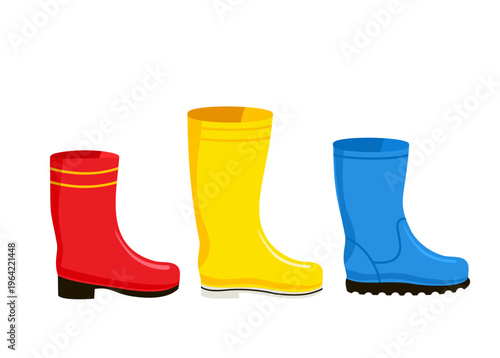 Various set of Rubber boots isolated on white background. illustration in cartoon style.