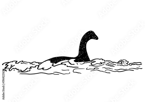 Ancient Loch Ness monster. Nessie monster animal, Scotland symbol. Ink hand drawn sketch. Scotland. Design for tourism, travel, brochure, wedding, guide, print, card, tattoo