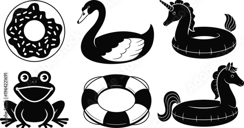 Pool float and summer icons collection, flat vector illustration, inflatable toys, donut, swan, unicorn and frog shapes isolated on white