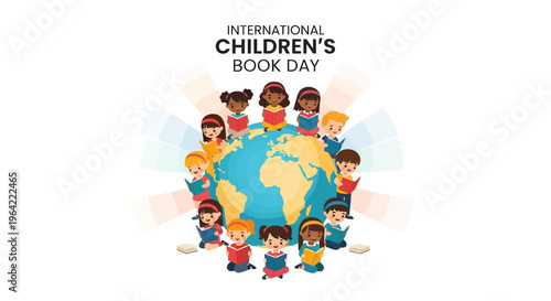 Colorful illustration of diverse children gathered around a globe on International Children's Book Day, promoting kids' literature and early education with vibrant, educational