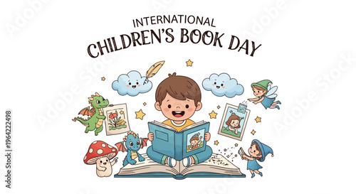 Vector illustration of a child reading a book surrounded by whimsical illustrations on International Children's Book Day with a playful and educational mood against a clean white background.