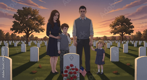 Family mourning at cemetery during vibrant sunset with tombstones and trees