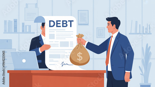 Businessman receiving debt payment in office with money bag and contract agreement