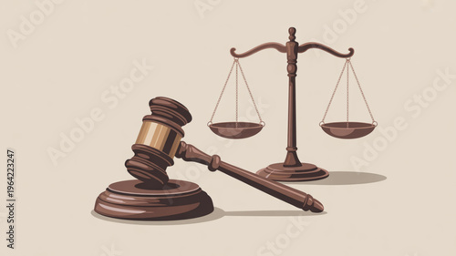 Brown wooden gavel and scales of justice on beige background symbolizing law and order fairness and justice system
