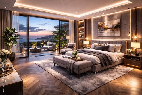 Luxurious bedroom with stunning ocean view at sunset and elegant interior design