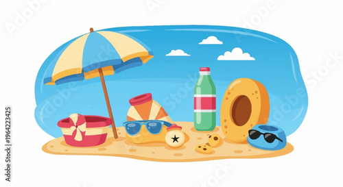 Beach scene with umbrella drink and summer accessories on sandy shore with blue sky and clouds