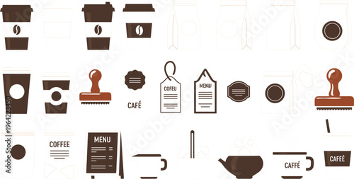 Coffee Branding and Cafe Packaging Set Featuring Cups, Bags, Labels, Stamps, and Menu Boards