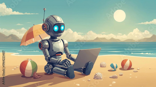 illustration of  a robot sitting on a sunny beach and typing on a laptop 