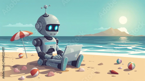 illustration of  a robot sitting on a sunny beach and typing on a laptop 