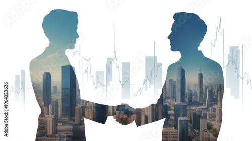 Two businessmen shaking hands with cityscape and graph background symbolizing partnership and finance