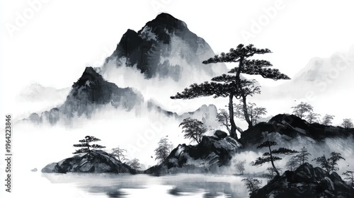 Handmade watercolor drawing of mountains in the style of Chinese ink art, with soft washes and delicate lines, suitable for use in branding for tea shops, meditation spaces, or as wall art.