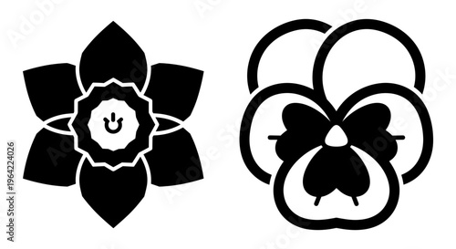 Minimalist black flower icons, set of 2 floral vector elements, stylized pansy and daffodil blossom silhouettes for logo design and branding