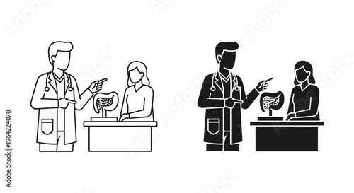 Gastroenterologist doctor consulting patient about digestive system health, medical professional explaining intestine anatomy, flat vector icon set