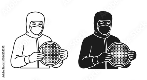 Semiconductor cleanroom technician holding silicon wafer, microchip manufacturing worker in protective suit, laboratory engineer vector icons