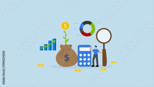 Financial management, 4k animation of Entrepreneur evaluates financial assets alongside profit expansion
