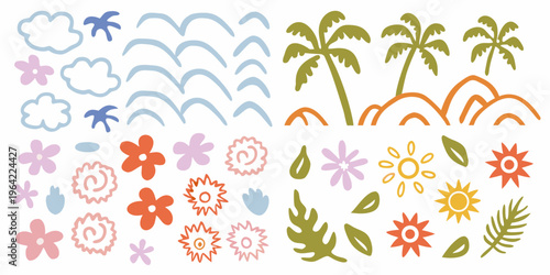 Colorful illustration of tropical elements including flowers palms and clouds