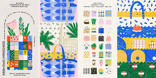 Colorful illustration featuring tote bags plants and decorative elements
