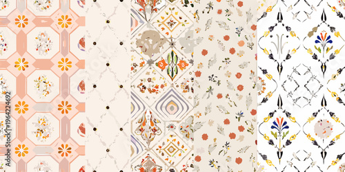 Four patterned fabric swatches with floral and geometric designs