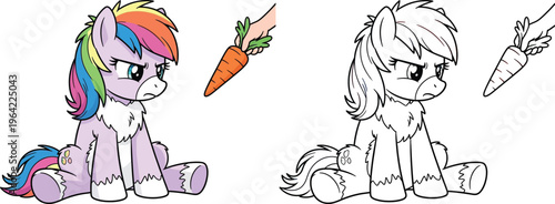 Grumpy Rainbow Pony Refusing a Carrot Coloring Book Style