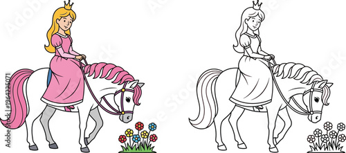 Princess Riding a Horse Near Flowers Coloring Book Style