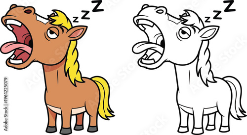 Tired Cartoon Horse Yawning and Sleeping Coloring Book Style