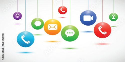 Communication Icons Set with Phone, Email, Chat, Video Call and Contact Symbols, Colorful Modern UI Elements for Customer Support and Digital Messaging Design