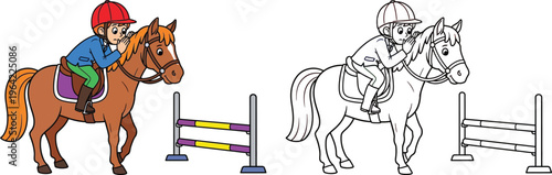 Young Rider on Horse with Jumping Obstacle Coloring Book Style