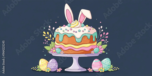 Cute Easter Cake with Bunny Ears and Colorful Eggs Illustration for Spring Holiday Celebration, Festive Dessert Design, and Whimsical Greeting Background