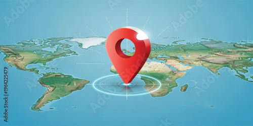 Global Location Pin on World Map with GPS Navigation Concept, Geolocation Technology, Travel Destination Marker and Digital Mapping Background Design