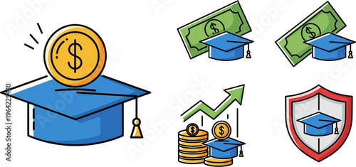 A collection of financial and educational icons representing college savings, tuition, investment growth, and protection.