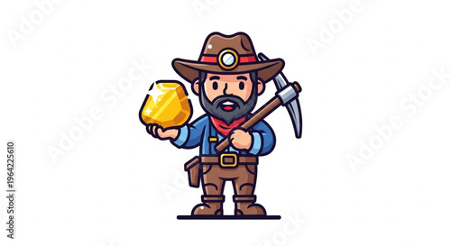 A cartoon miner in a brown hat holds a gold nugget and pickaxe on a white background with a cheerful mood illustration
