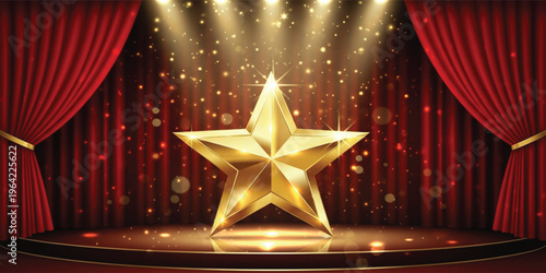 Golden Star Award on Luxury Stage with Red Curtains and Spotlight for Winner Ceremony Background, Celebration Event Design, and Glamorous Presentation Showcase